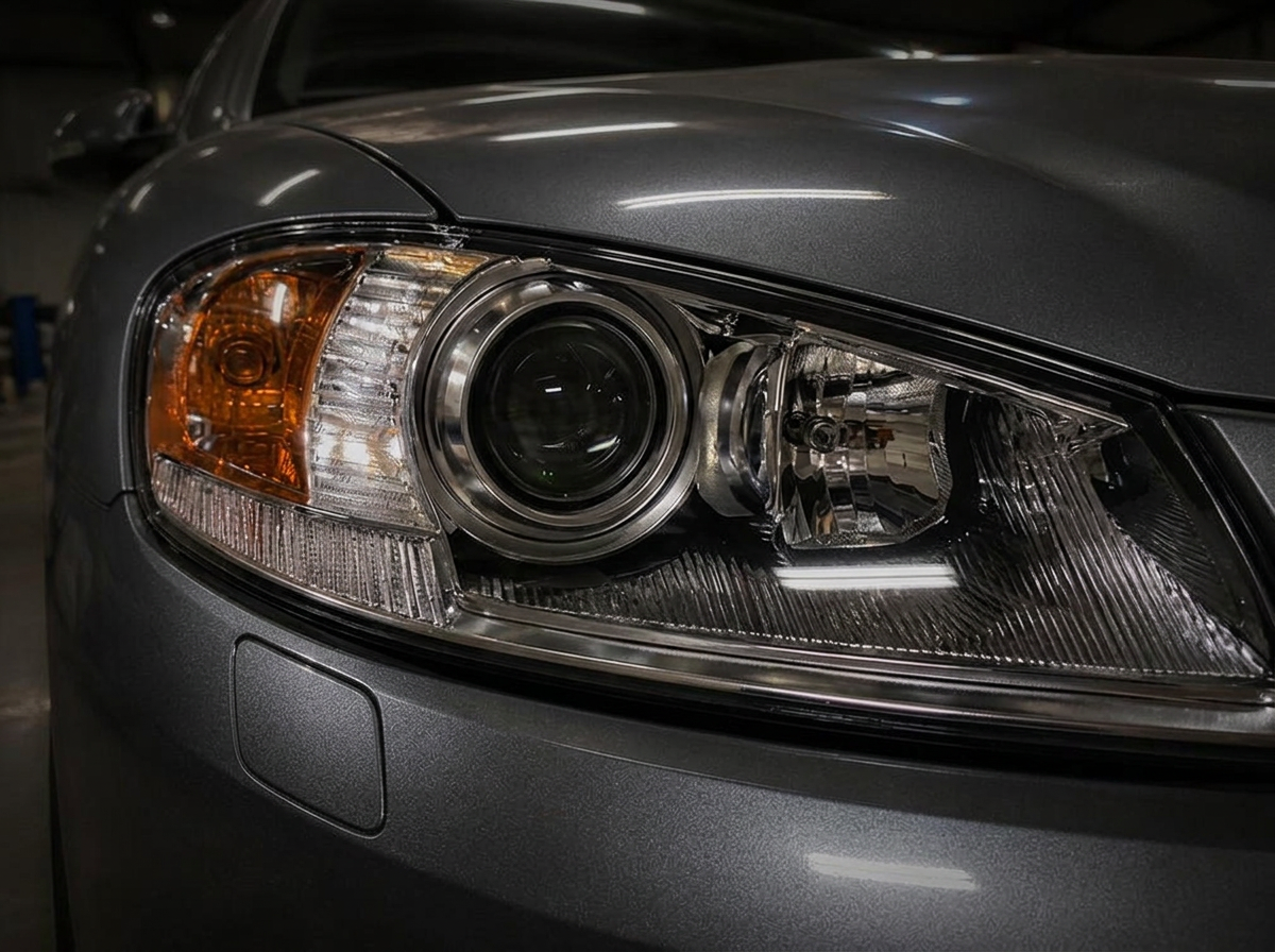 Faro auto dopo la lucidatura, trasparente e lucido